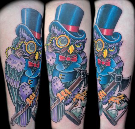 Tattoos - Colorful Traditional Owl with Axe - 68934